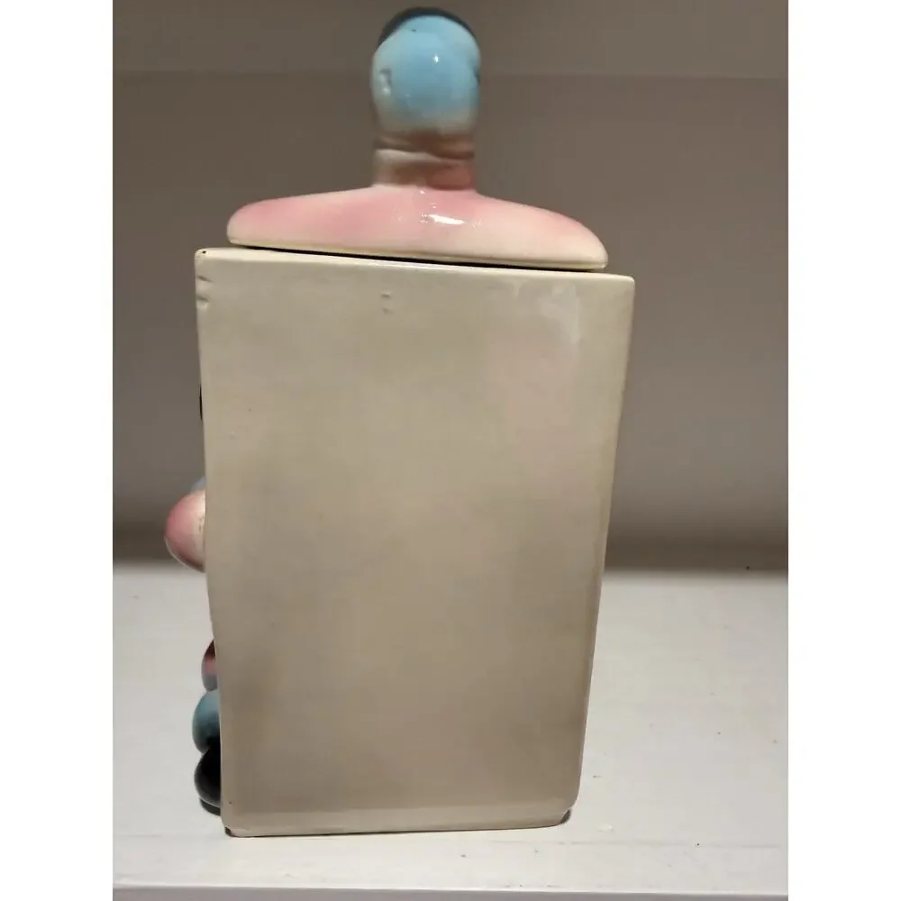 Vintage American Bisque Candy Cane Snowman Puppet Blue Pink Cookie Jar w/Lid